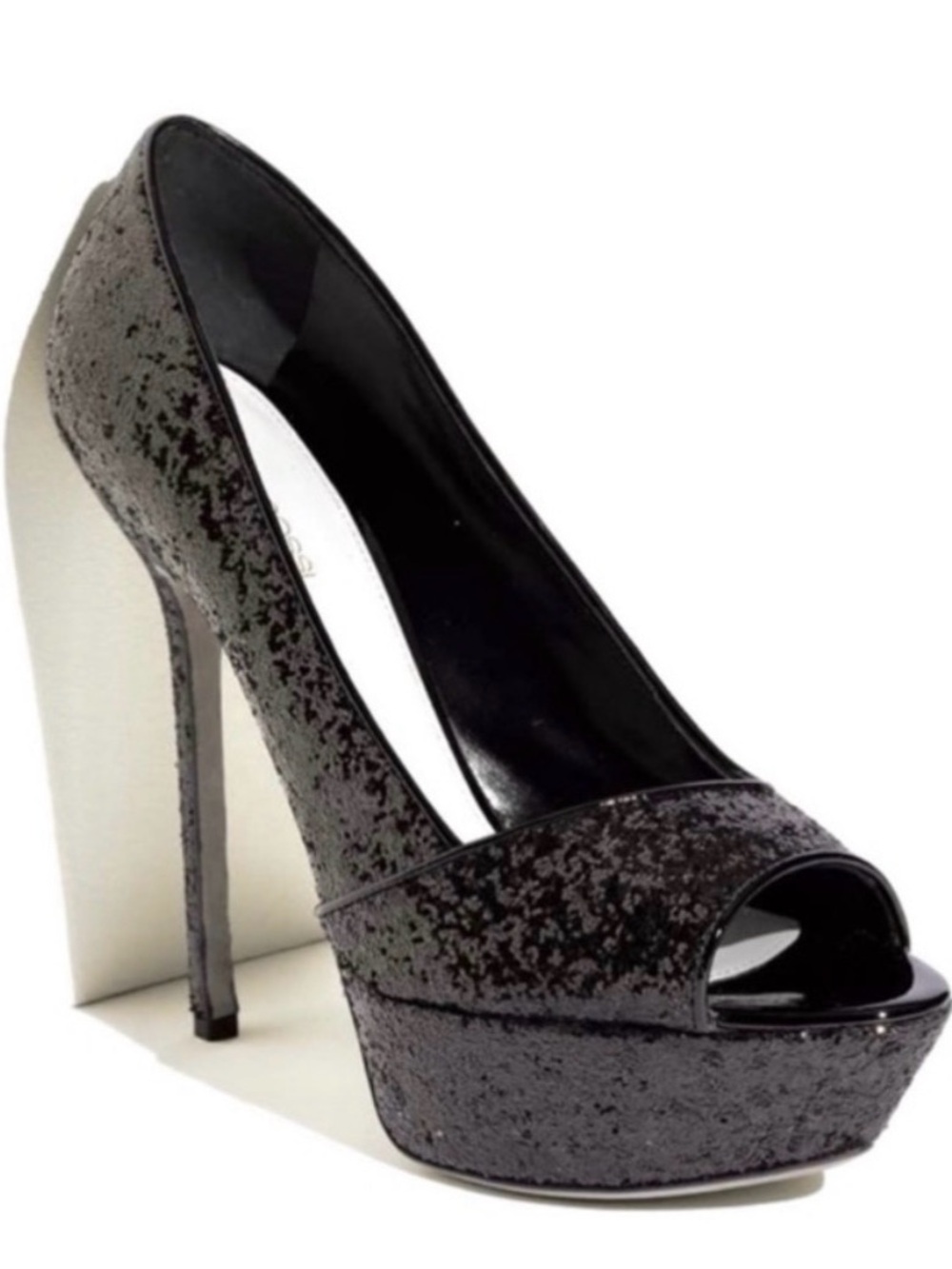 SERGIO ROSSI Boston Peeptoe Sequin Platform Pump - Black - Sz 8